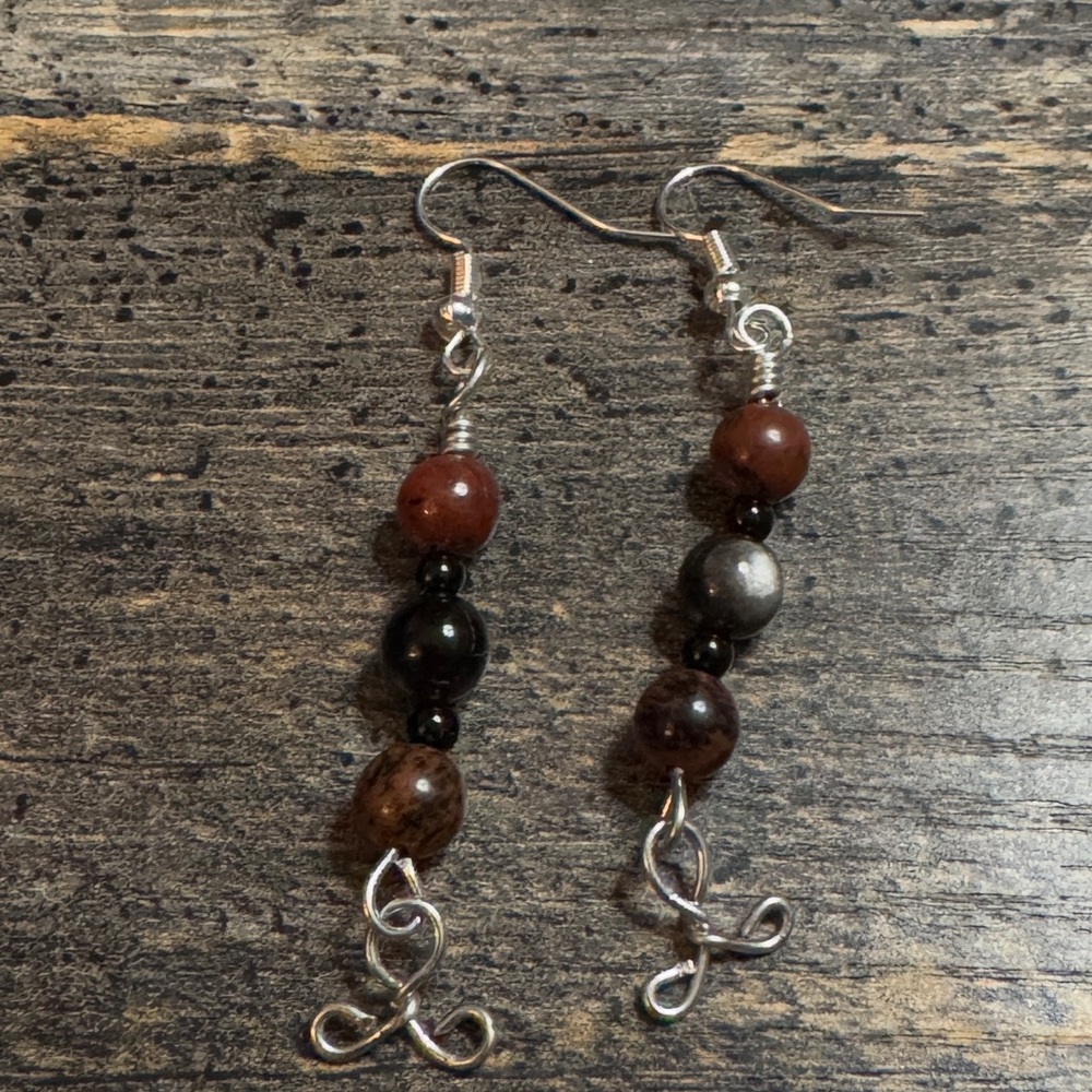Genuine Red and Silver Obsidian Beaded Earrings